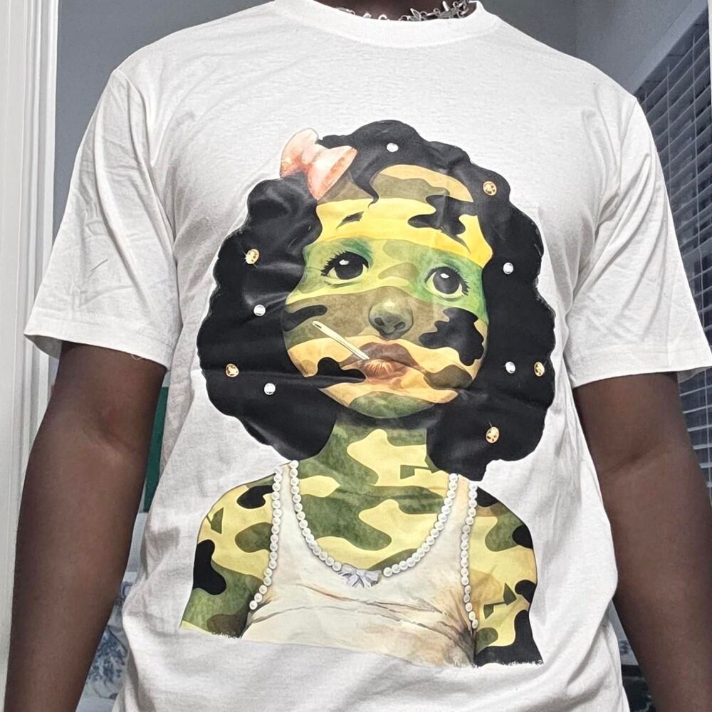 Camo Doll Girl Rhinestone Graphic White Y2K Streetwear T-Shirt